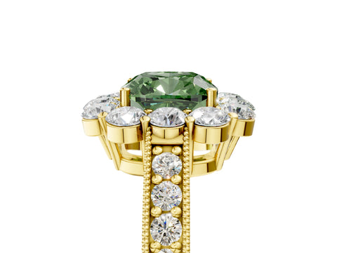 Yellow gold Fancy Green Cushion Cut Cut Halo Diamond Pavé Engagement Ring with Milgrain Detailing_5