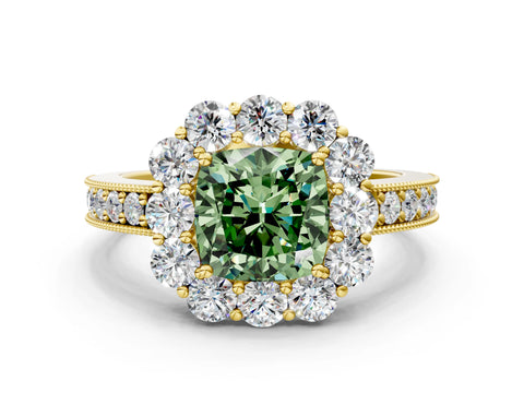 Yellow gold Fancy Green Cushion Cut Cut Halo Diamond Pavé Engagement Ring with Milgrain Detailing