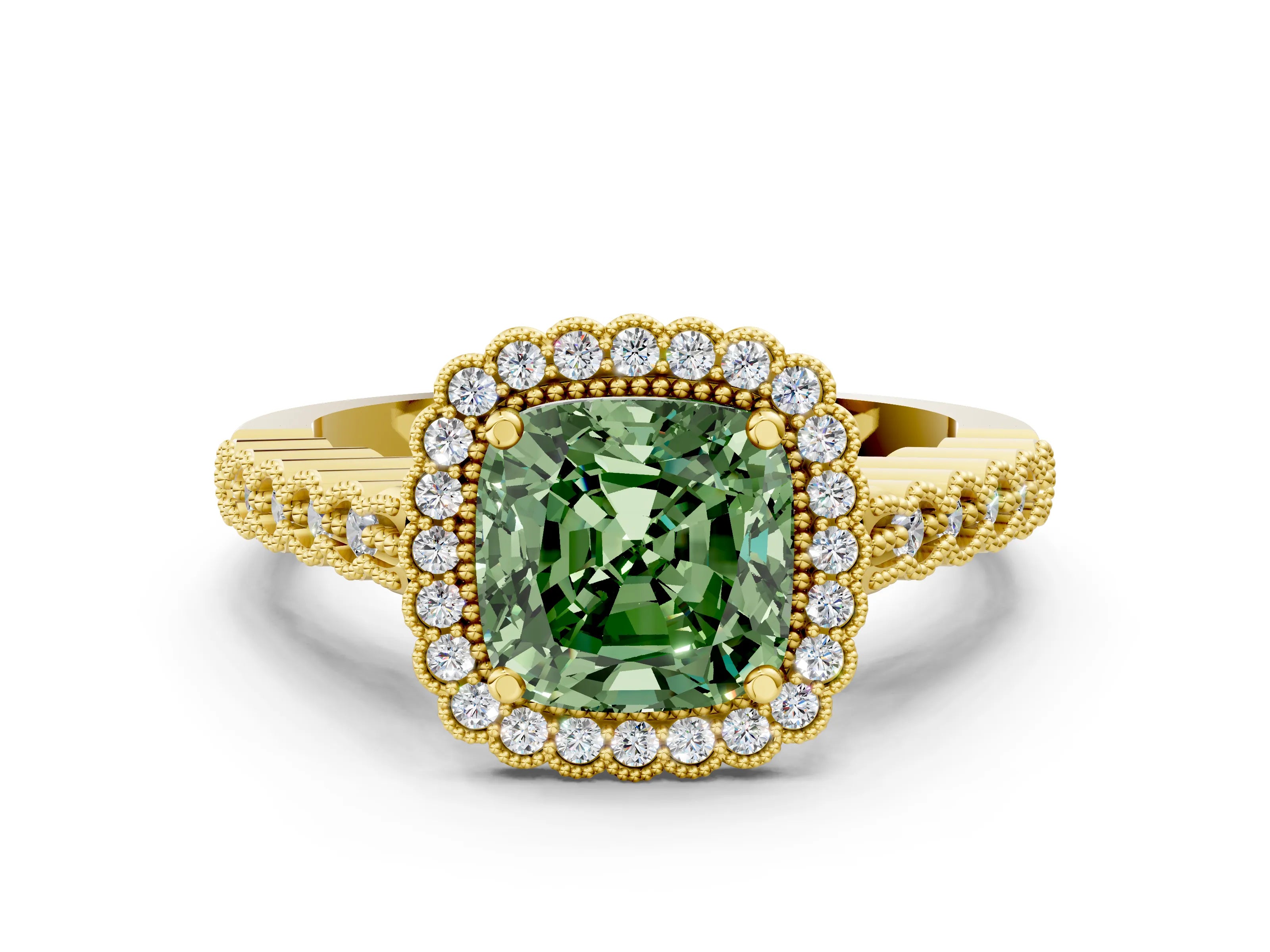 Yellow gold Fancy Green Cushion Cut Cut Halo Pavé Solitaire Ring with Milgrain Band