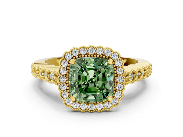 Yellow gold Fancy Green Cushion Cut Cut Halo Pavé Solitaire Ring with Milgrain Band