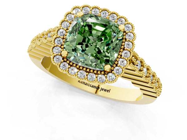 Yellow gold Fancy Green Cushion Cut Cut Halo Pavé Solitaire Ring with Milgrain Band