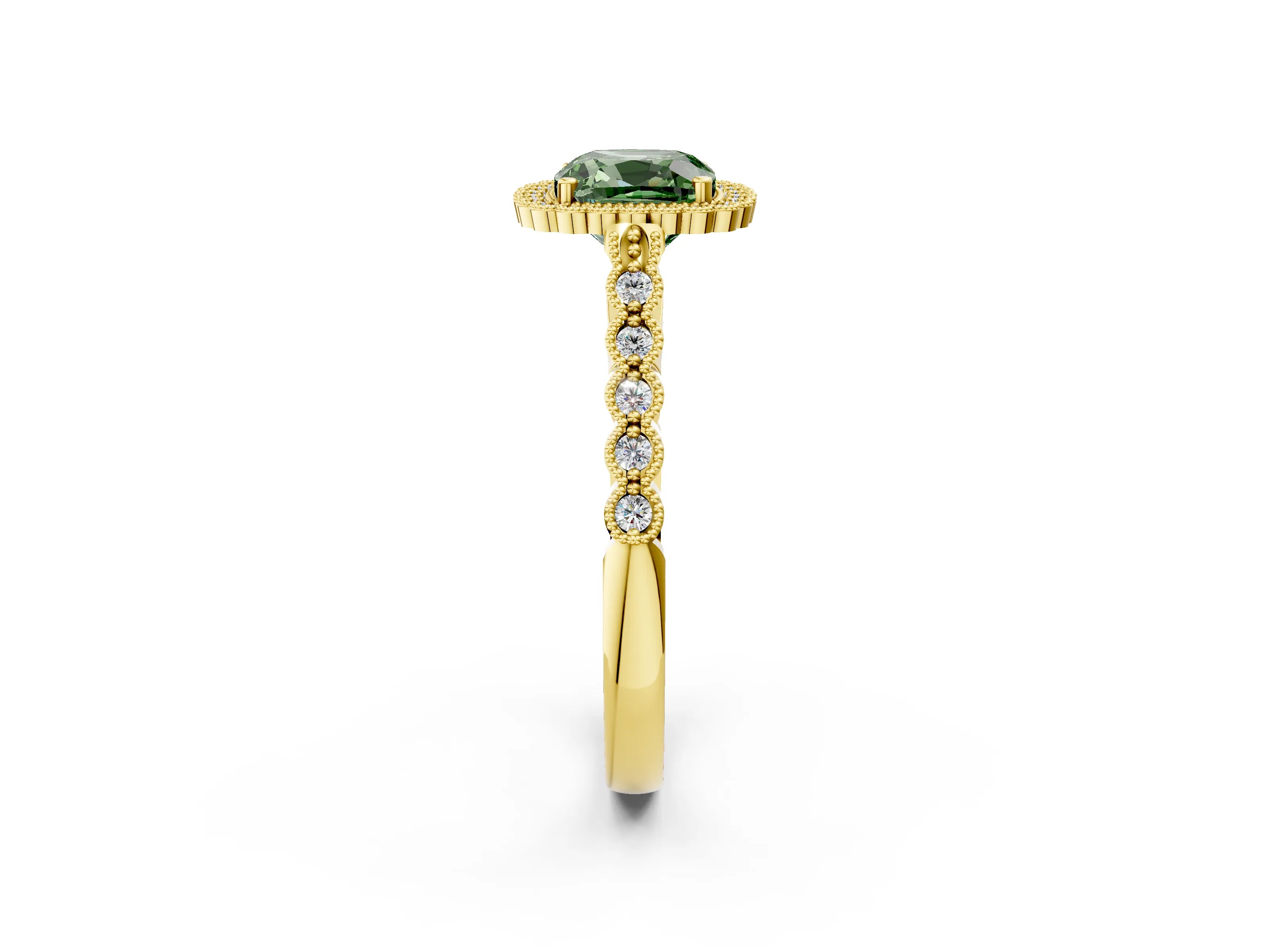 Yellow gold Fancy Green Cushion Cut Cut Halo Pavé Solitaire Ring with Milgrain Band_2