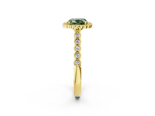 Yellow gold Fancy Green Cushion Cut Cut Halo Pavé Solitaire Ring with Milgrain Band