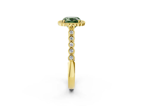 Yellow gold Fancy Green Cushion Cut Cut Halo Pavé Solitaire Ring with Milgrain Band_2