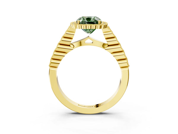 Yellow gold Fancy Green Cushion Cut Cut Halo Pavé Solitaire Ring with Milgrain Band