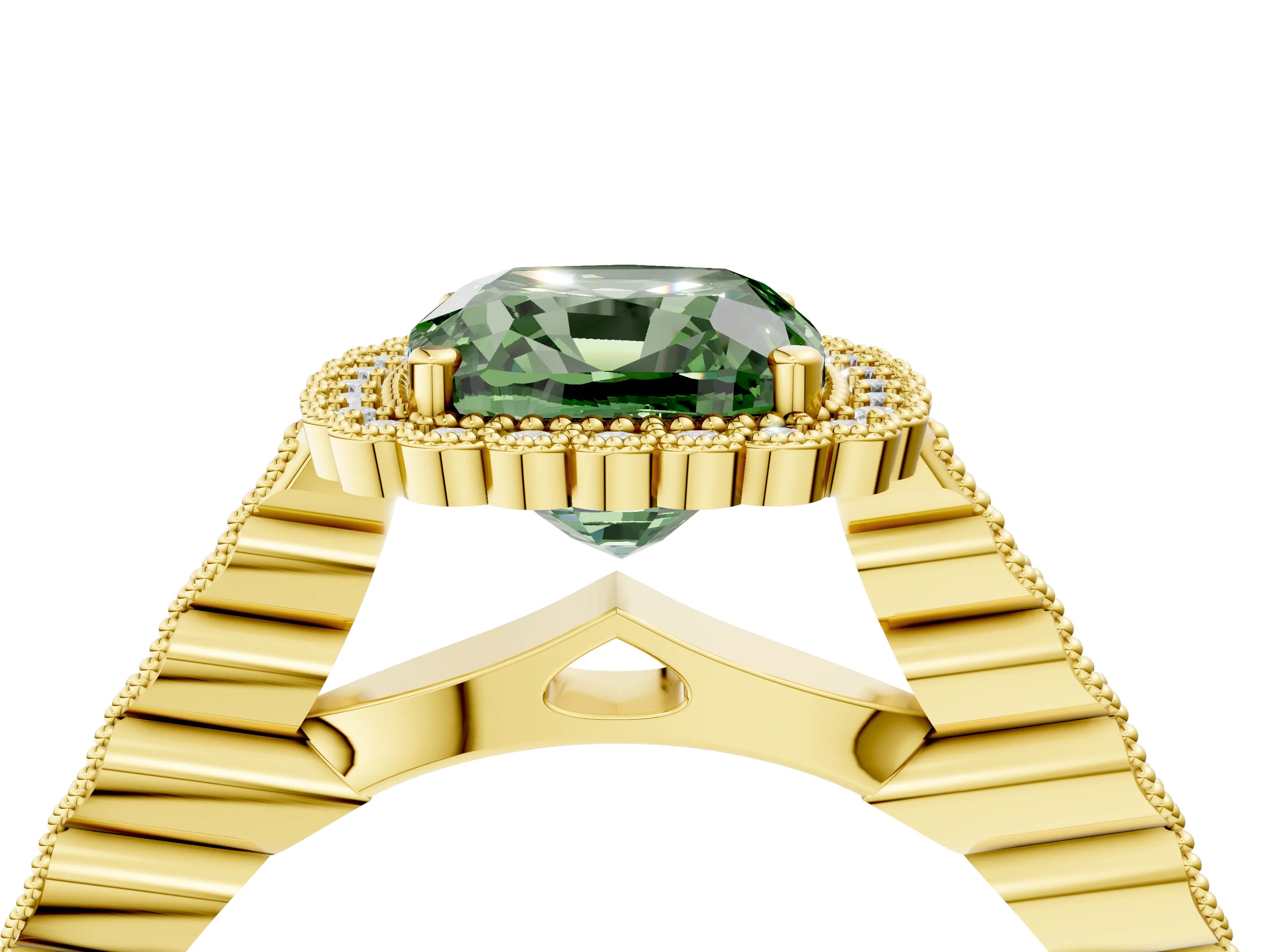 Yellow gold Fancy Green Cushion Cut Cut Halo Pavé Solitaire Ring with Milgrain Band_4