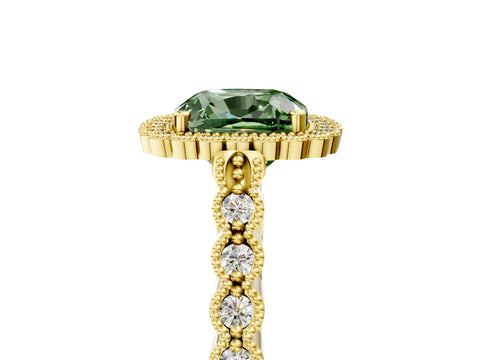 Yellow gold Fancy Green Cushion Cut Cut Halo Pavé Solitaire Ring with Milgrain Band_5