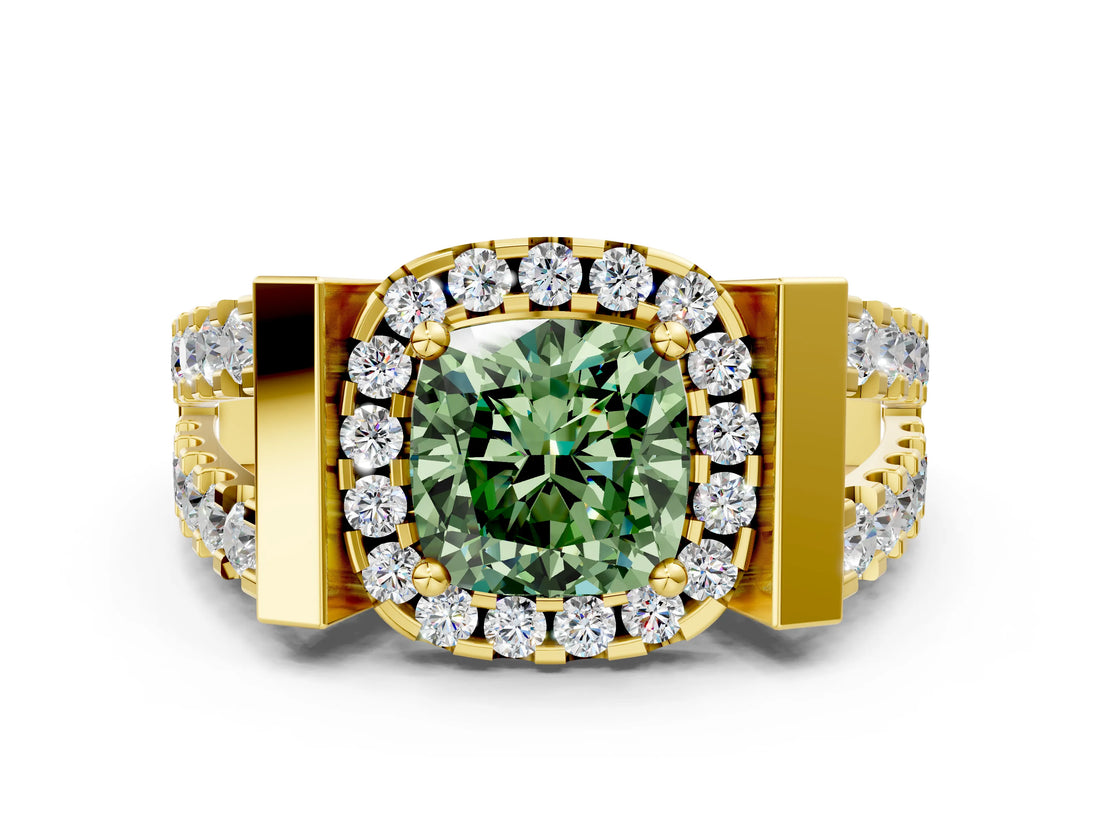 Yellow gold Fancy Green Cushion Cut Cut Halo Split Shank Prong Set Ring
