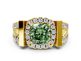 Yellow gold Fancy Green Cushion Cut Cut Halo Split Shank Prong Set Ring