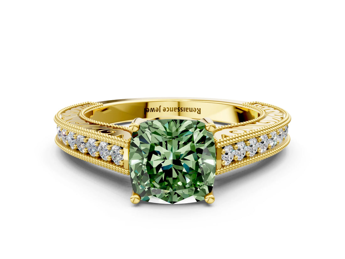 Yellow gold Fancy Green Cushion Cut Cut Pave Band Milgrain Solitaire Ring