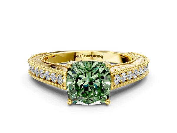 Yellow gold Fancy Green Cushion Cut Cut Pave Band Milgrain Solitaire Ring