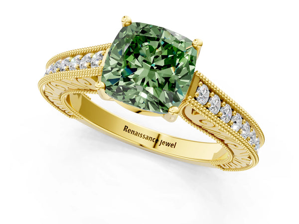 Yellow gold Fancy Green Cushion Cut Cut Pave Band Milgrain Solitaire Ring