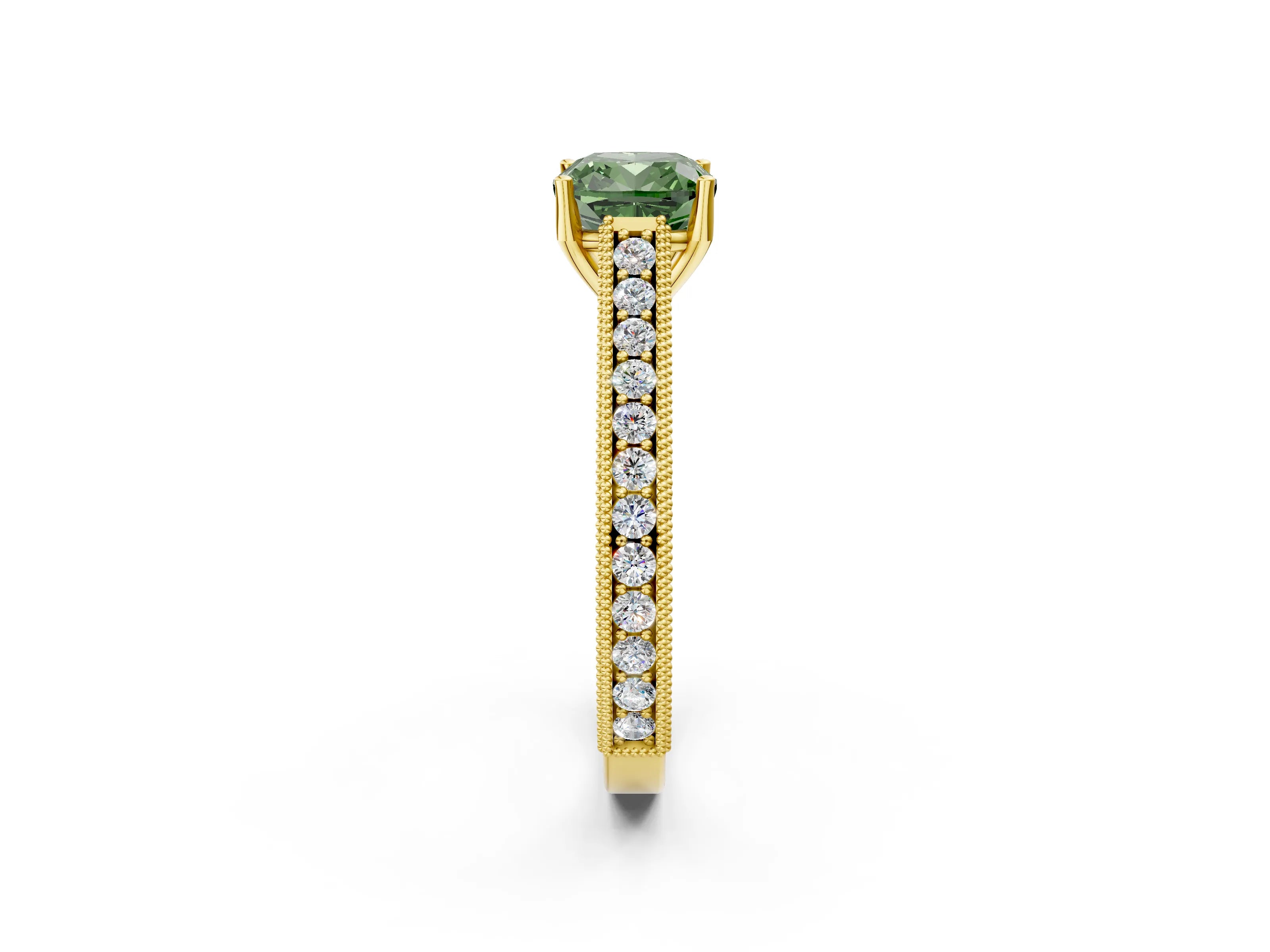Yellow gold Fancy Green Cushion Cut Cut Pave Band Milgrain Solitaire Ring_2