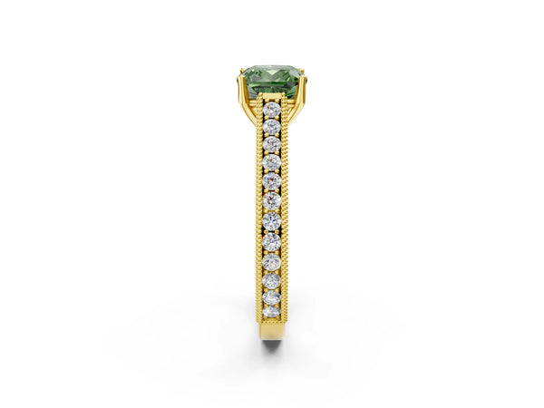 Yellow gold Fancy Green Cushion Cut Cut Pave Band Milgrain Solitaire Ring