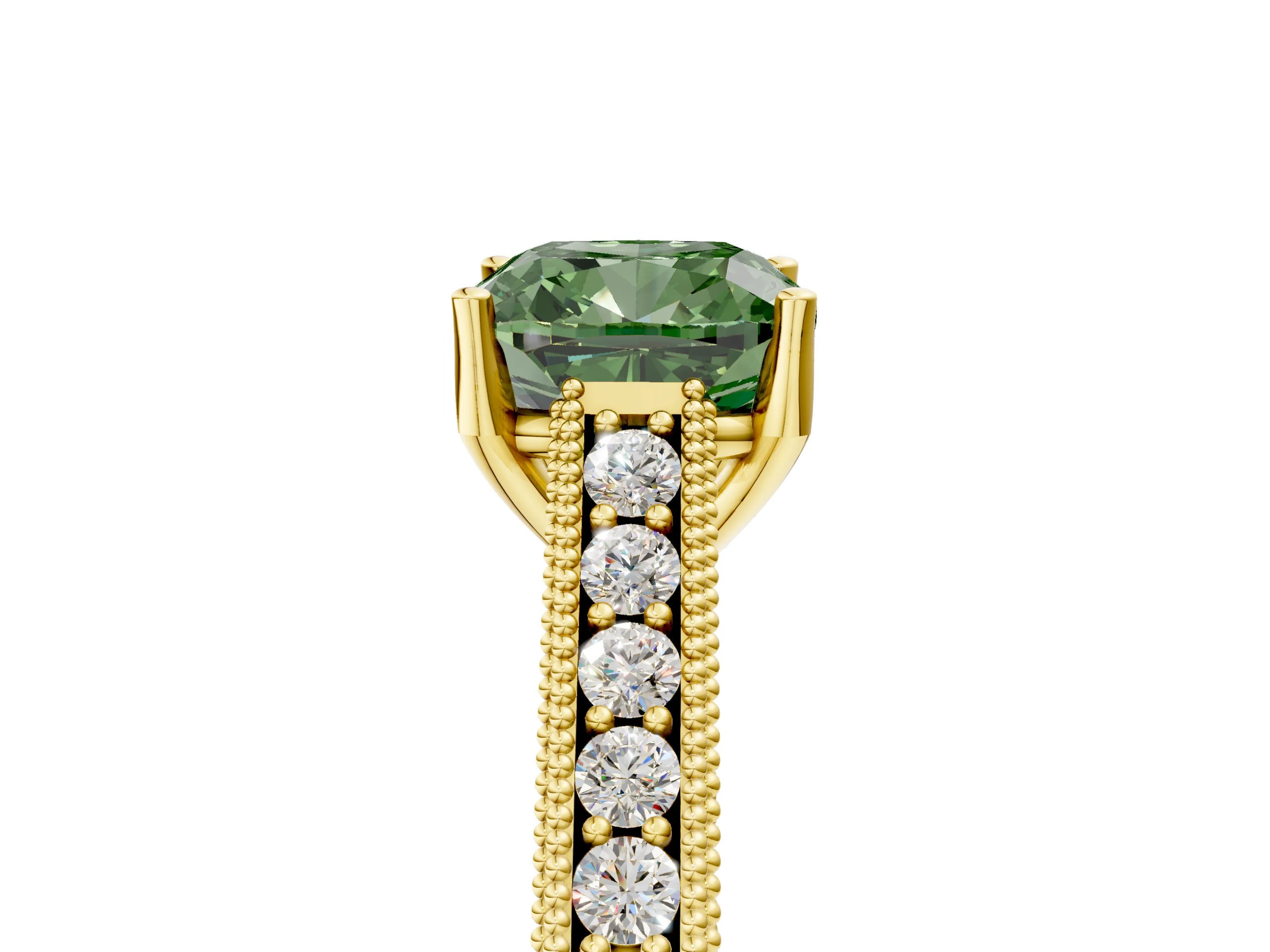 Yellow gold Fancy Green Cushion Cut Cut Pave Band Milgrain Solitaire Ring_5