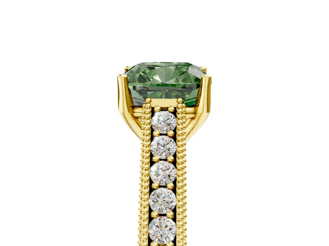 Yellow gold Fancy Green Cushion Cut Cut Pave Band Milgrain Solitaire Ring_5