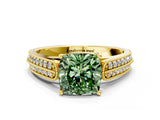 Yellow gold Fancy Green Cushion Cut Cut Pave Split Shank Engagement Ring with Four-Prong Setting