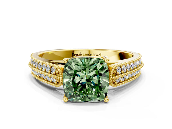 Yellow gold Fancy Green Cushion Cut Cut Pave Split Shank Engagement Ring with Four-Prong Setting