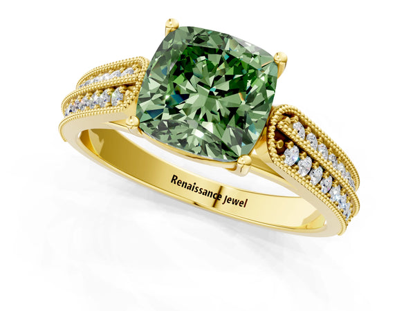 Yellow gold Fancy Green Cushion Cut Cut Pave Split Shank Engagement Ring with Four-Prong Setting