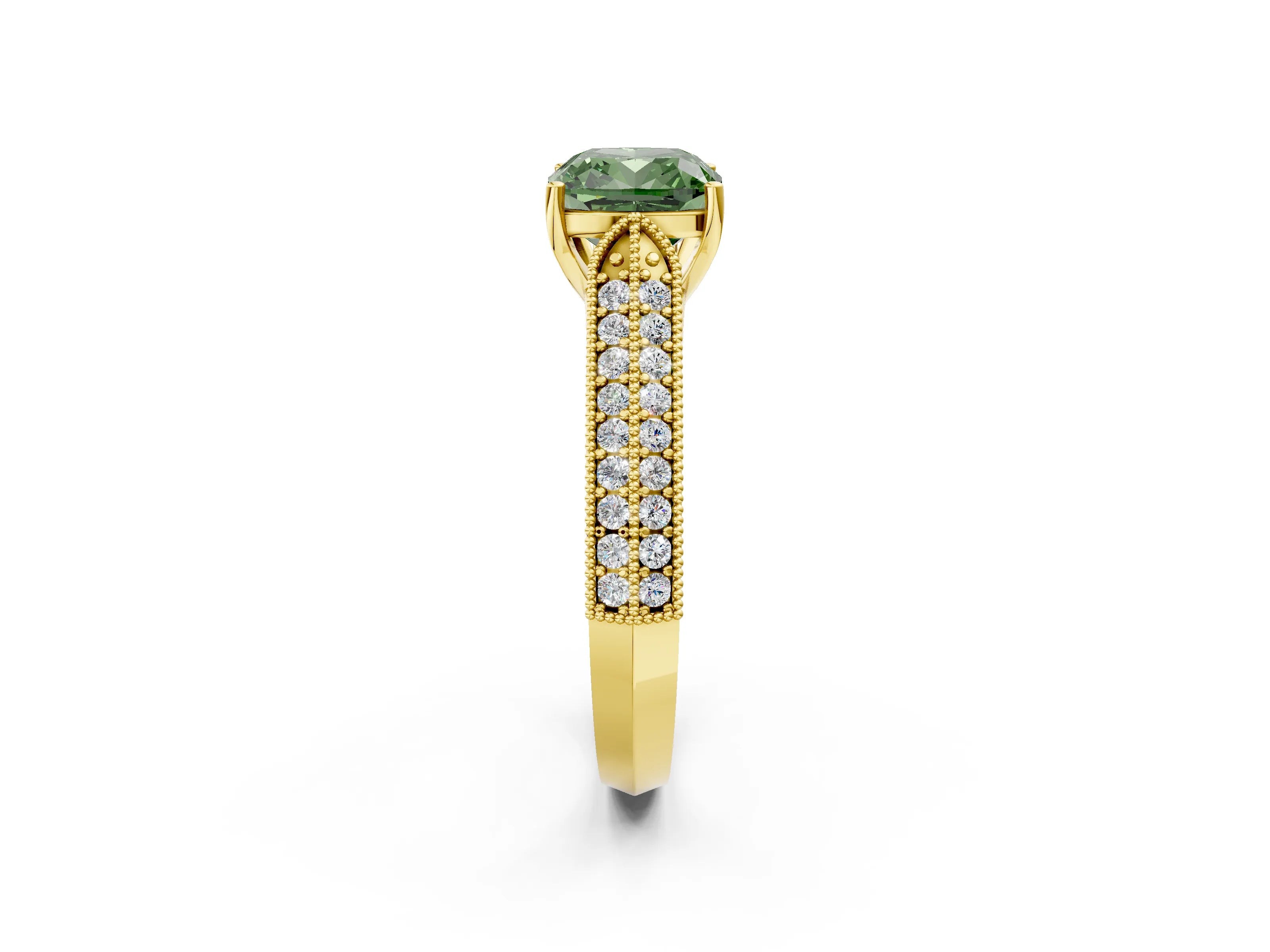 Yellow gold Fancy Green Cushion Cut Cut Pave Split Shank Engagement Ring with Four-Prong Setting_2