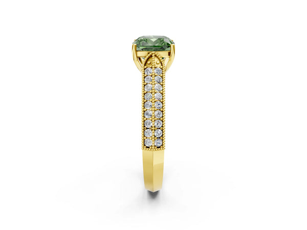 Yellow gold Fancy Green Cushion Cut Cut Pave Split Shank Engagement Ring with Four-Prong Setting