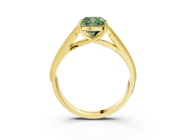 Yellow gold Fancy Green Cushion Cut Cut Pave Split Shank Engagement Ring with Four-Prong Setting