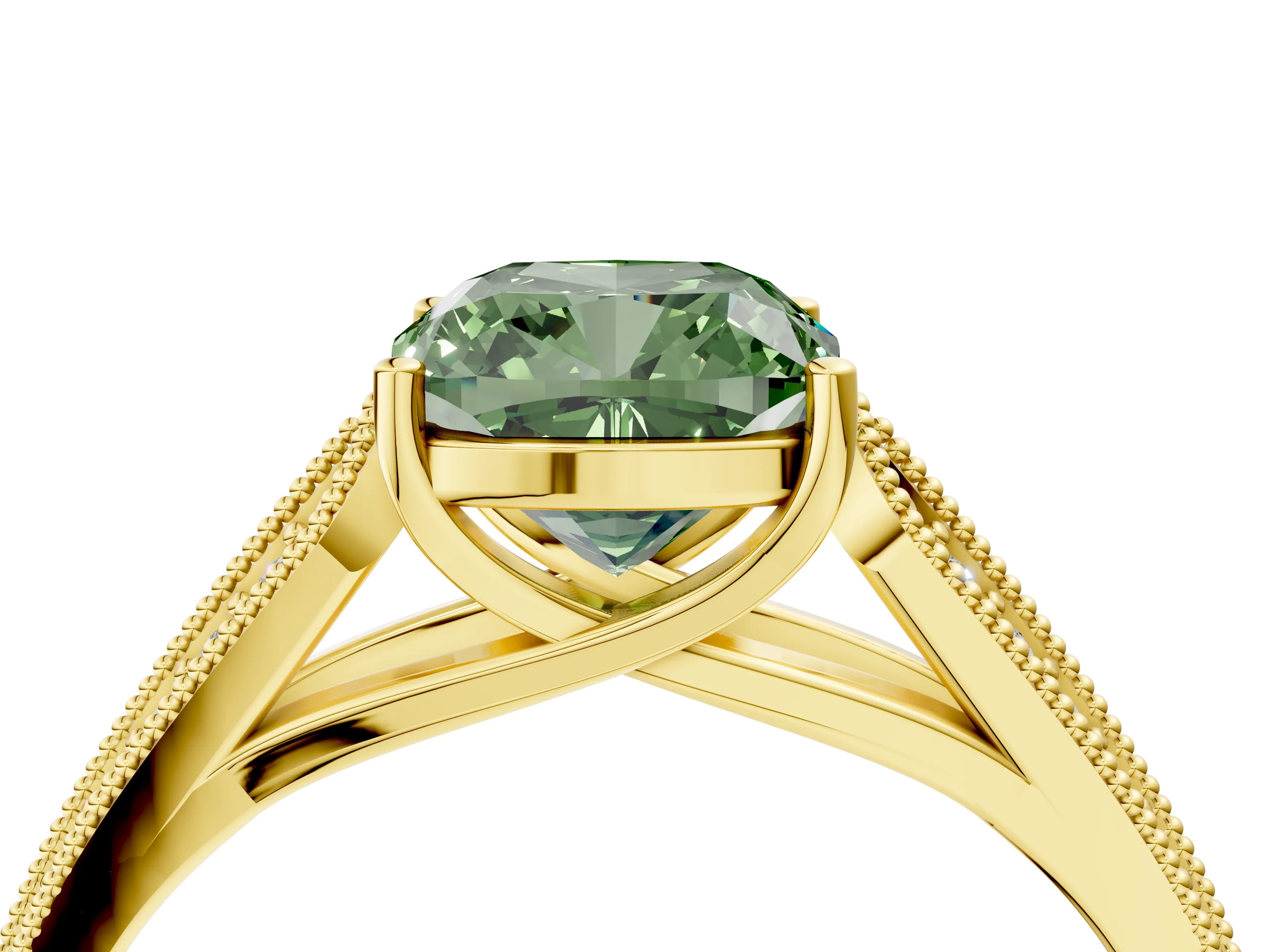 Yellow gold Fancy Green Cushion Cut Cut Pave Split Shank Engagement Ring with Four-Prong Setting_4