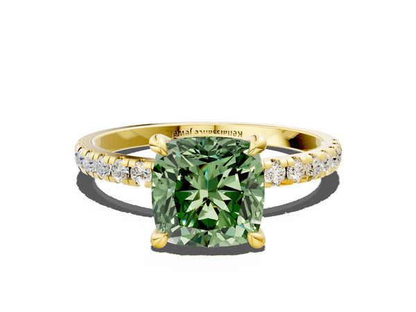 Yellow gold Fancy Green Cushion Cut Diamond Brilliant Solitaire Ring with Pavé Band and Four-Prong Setting