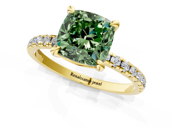 Yellow gold Fancy Green Cushion Cut Diamond Brilliant Solitaire Ring with Pavé Band and Four-Prong Setting