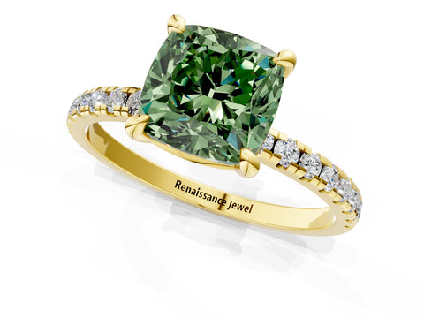 Yellow gold Fancy Green Cushion Cut Diamond Brilliant Solitaire Ring with Pavé Band and Four-Prong Setting_1