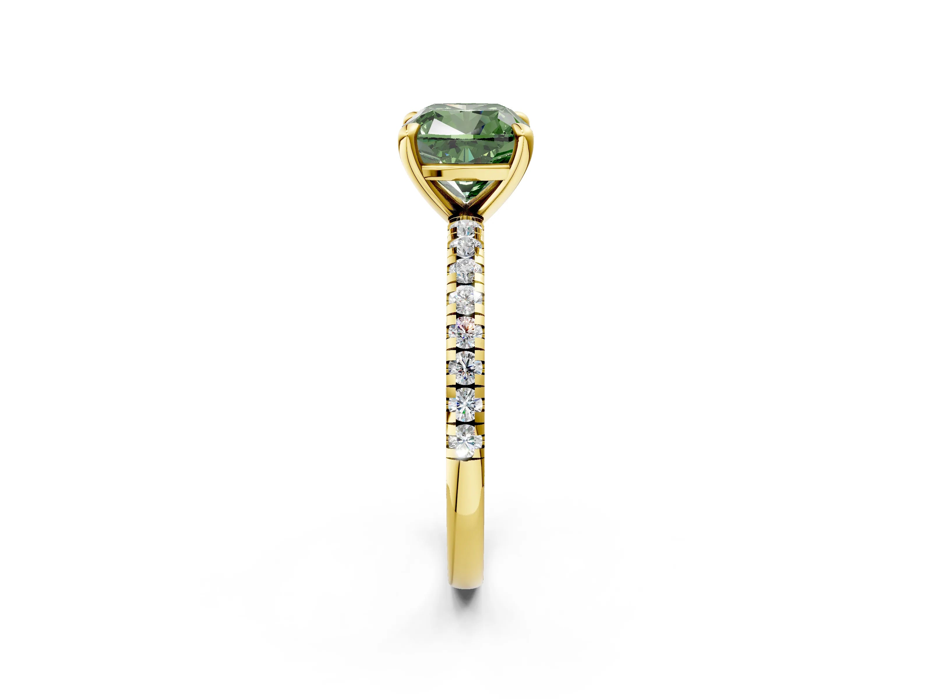 Yellow gold Fancy Green Cushion Cut Diamond Brilliant Solitaire Ring with Pavé Band and Four-Prong Setting_2