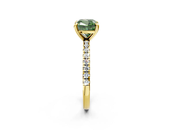 Yellow gold Fancy Green Cushion Cut Diamond Brilliant Solitaire Ring with Pavé Band and Four-Prong Setting