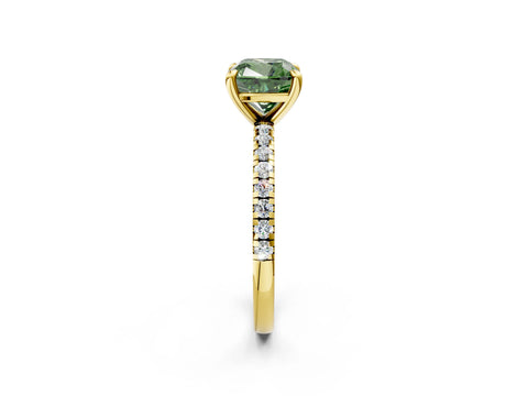 Yellow gold Fancy Green Cushion Cut Diamond Brilliant Solitaire Ring with Pavé Band and Four-Prong Setting_2
