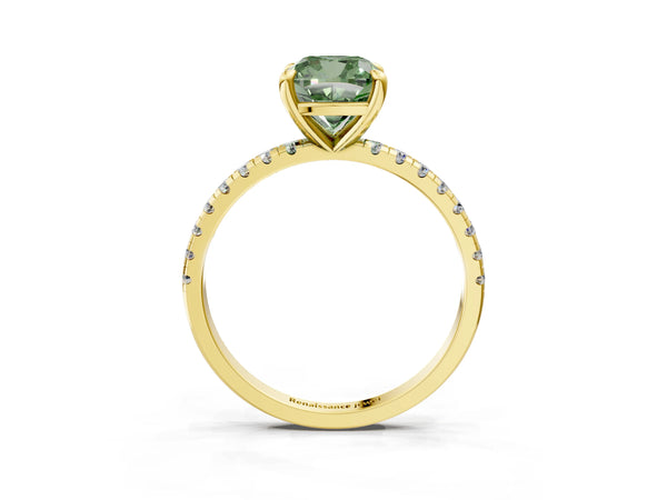 Yellow gold Fancy Green Cushion Cut Diamond Brilliant Solitaire Ring with Pavé Band and Four-Prong Setting