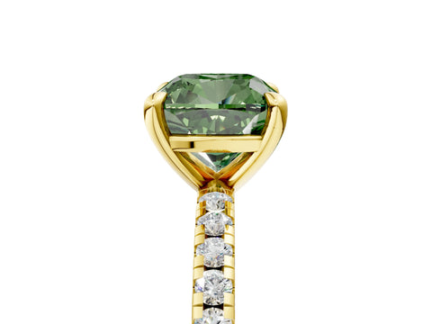 Yellow gold Fancy Green Cushion Cut Diamond Brilliant Solitaire Ring with Pavé Band and Four-Prong Setting_5
