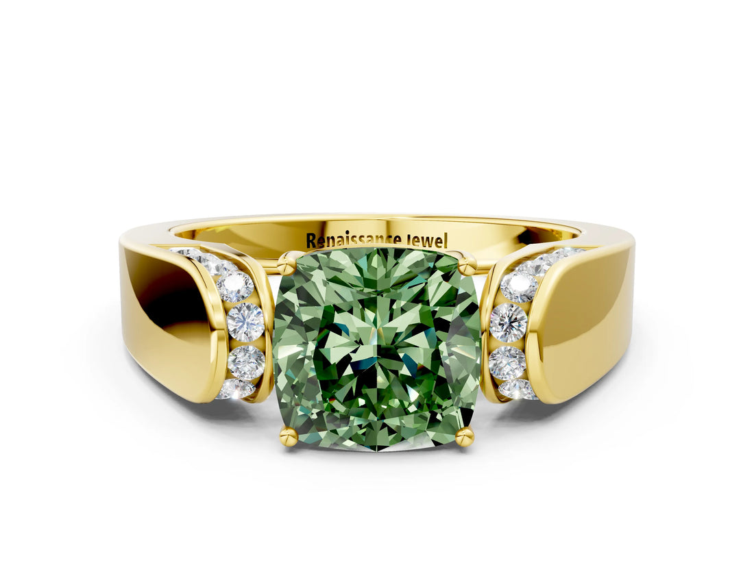 Yellow gold Fancy Green Cushion Cut Diamond Channel Set Solitaire Ring with Four-Prong Setting_12