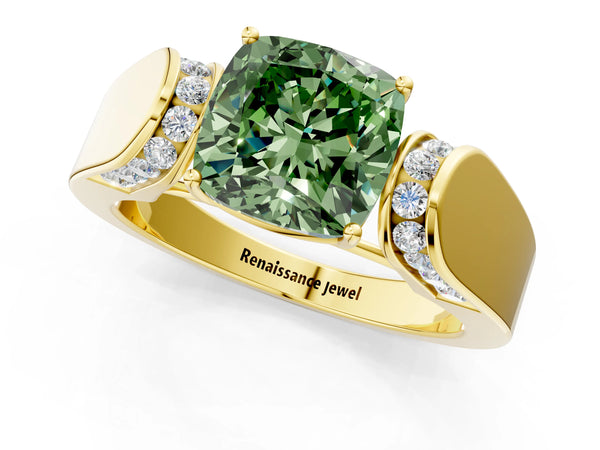 Yellow Gold Cushion Cut Channel Set Engagement Ring Setting for Fancy Green Center with Wide Band