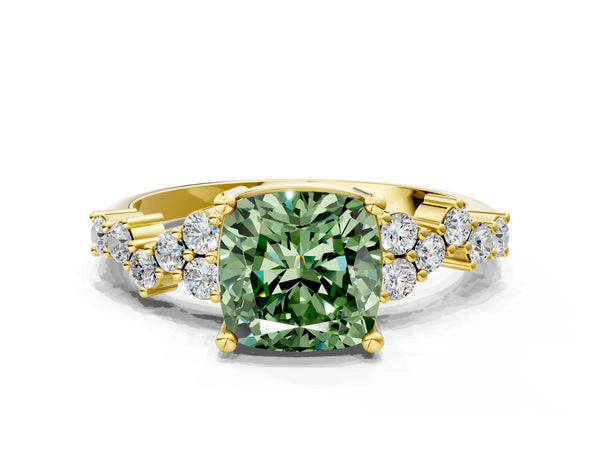 Yellow gold Fancy Green Cushion Cut Diamond Cluster Pavé Band with Four-Prong Setting