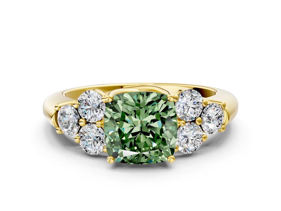 Yellow gold Fancy Green Cushion  Cut Diamond Cluster Ring with Round Accent Stones and Prong Setting on a Classic Band_49