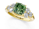 Yellow gold Fancy Green Cushion  Cut Diamond Cluster Ring with Round Accent Stones and Prong Setting on a Classic Band_50