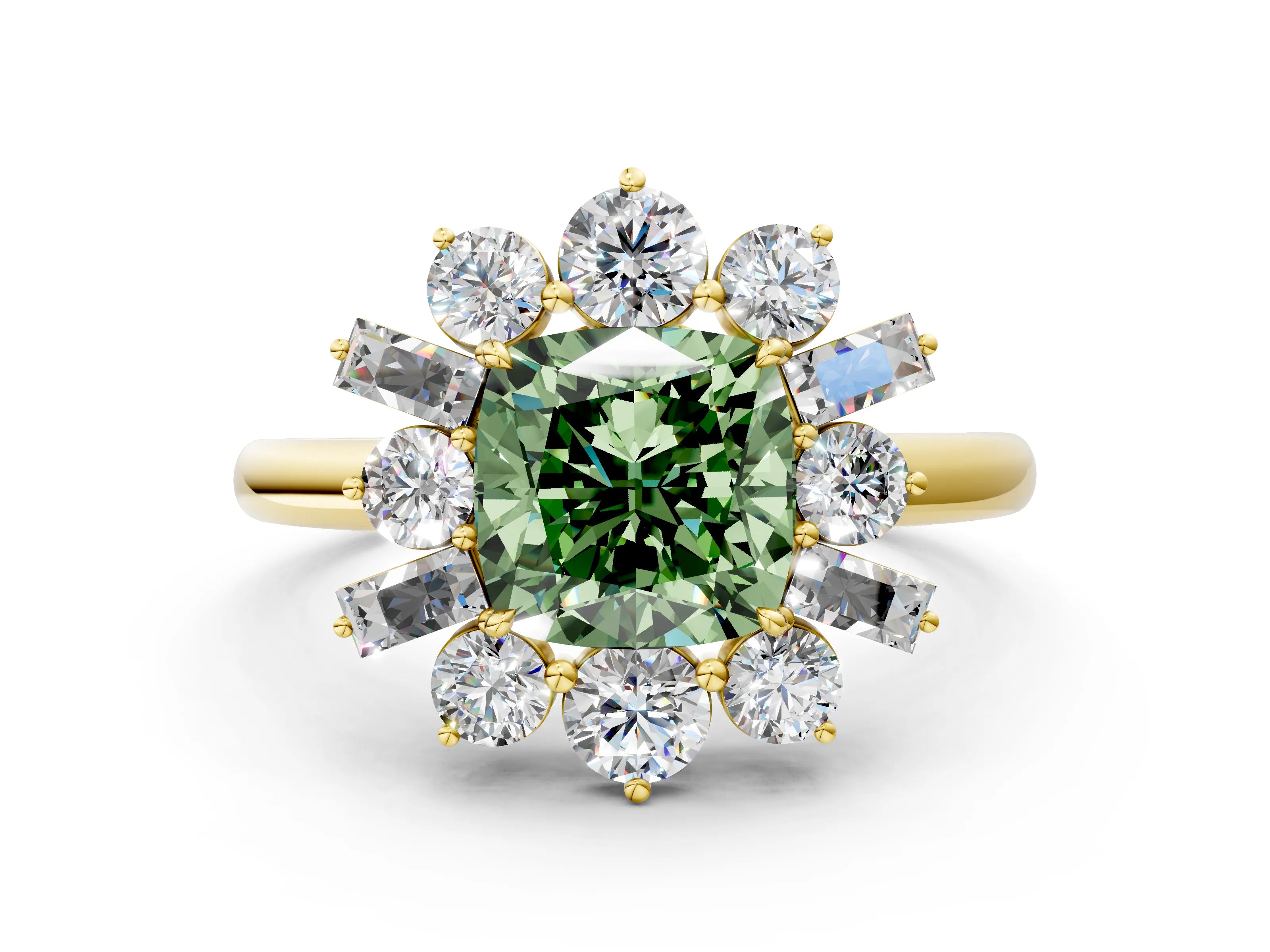 Yellow gold Fancy Green Cushion Cut Diamond Cluster Ring with Round and Baguette Stones, Split Shank Band, Prong Setting