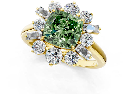 Yellow gold Fancy Green Cushion Cut Diamond Cluster Ring with Round and Baguette Stones, Split Shank Band, Prong Setting_1