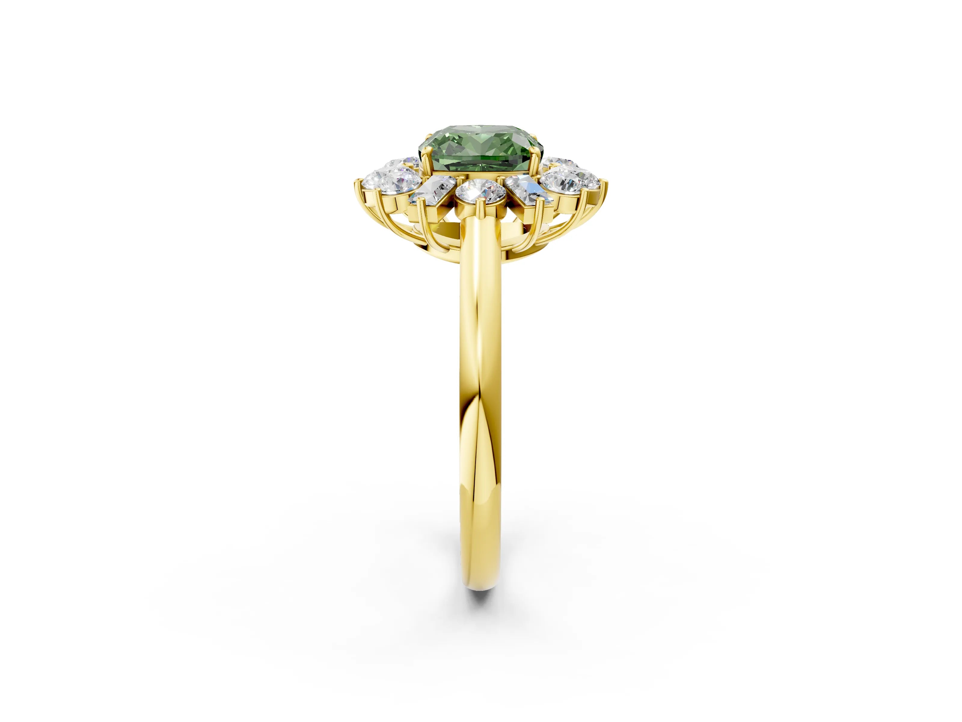 Yellow gold Fancy Green Cushion Cut Diamond Cluster Ring with Round and Baguette Stones, Split Shank Band, Prong Setting_2