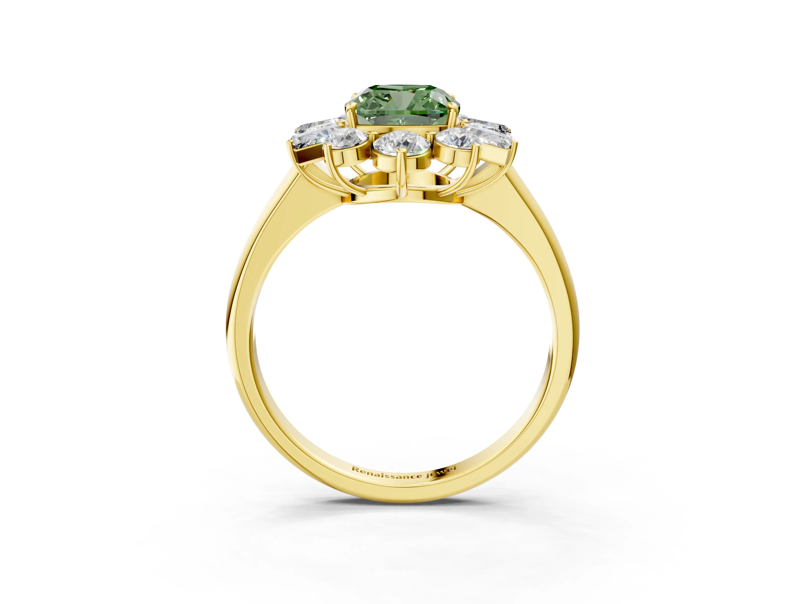 Yellow gold Fancy Green Cushion Cut Diamond Cluster Ring with Round and Baguette Stones, Split Shank Band, Prong Setting_3