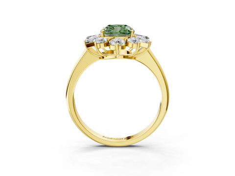 Yellow gold Fancy Green Cushion Cut Diamond Cluster Ring with Round and Baguette Stones, Split Shank Band, Prong Setting_3