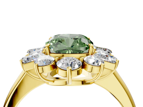 Yellow gold Fancy Green Cushion Cut Diamond Cluster Ring with Round and Baguette Stones, Split Shank Band, Prong Setting_4