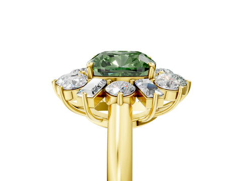 Yellow gold Fancy Green Cushion Cut Diamond Cluster Ring with Round and Baguette Stones, Split Shank Band, Prong Setting_5