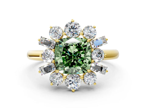 Yellow gold Fancy Green Cushion Cut Diamond Cluster Ring with Round and Baguette Stones, Split Shank Band, Prong Setting