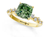 Yellow gold Fancy Green Cushion Cut Diamond Cluster Side Stone Solitaire Ring with Prong Setting_71