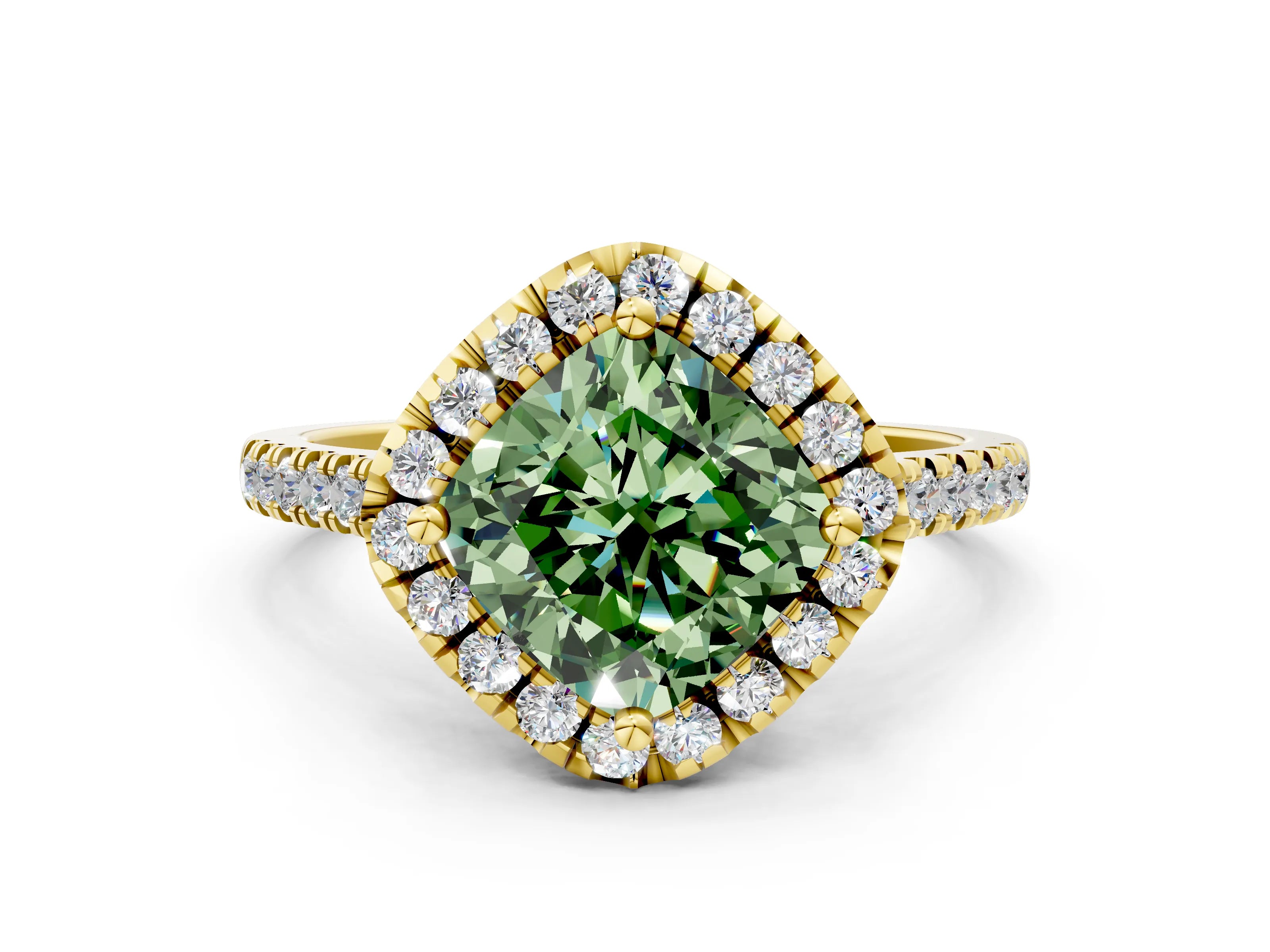 Yellow gold Fancy Green Cushion Cut Diamond Cushion Halo Ring with Pavé Band